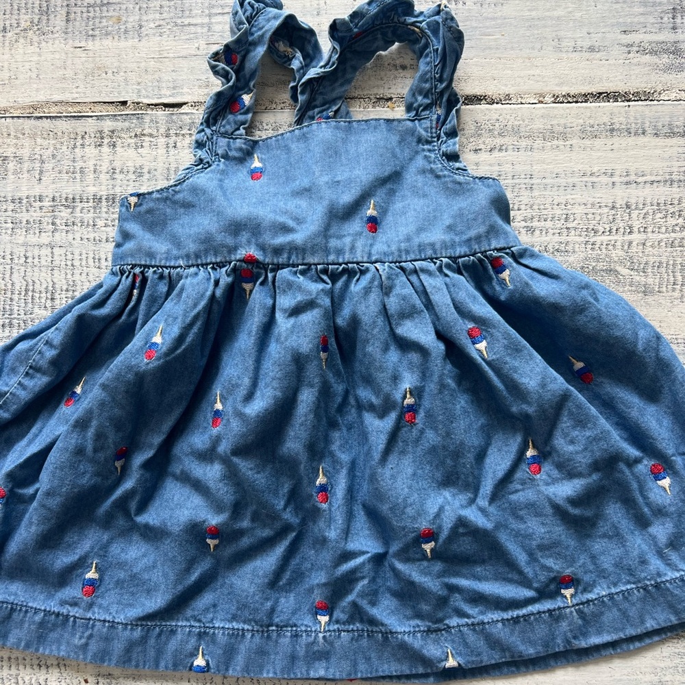 Osh Kosh adorable Blue Denim Dress w Embroidered Red, White, Blue Popsicles 9M